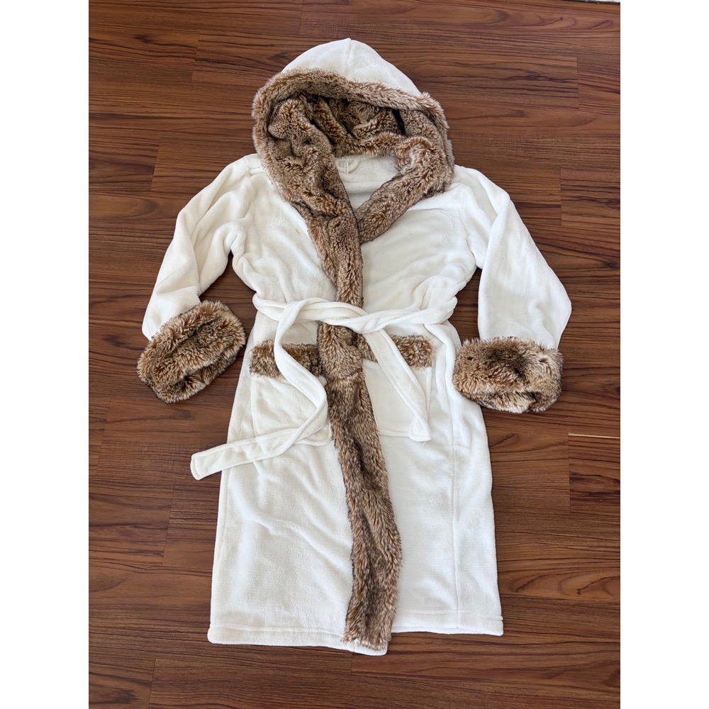 Pottery Barn Faux Fur Trim Robe Ivory White Fleece Hood Loungewear Small Medium